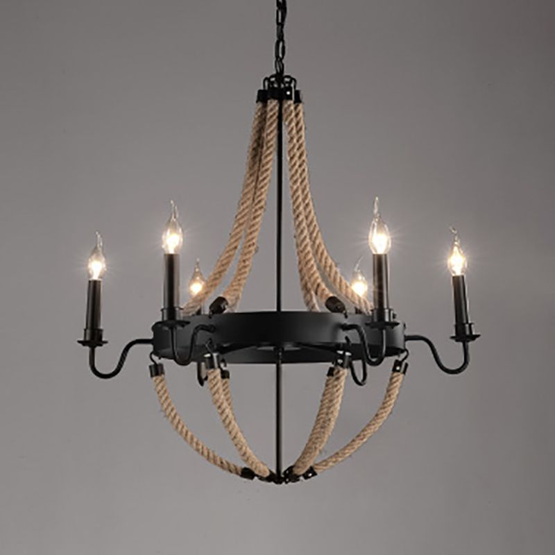 Lámpara de araña de araña negra industrial de araña de forma geométrica con cuerda natural