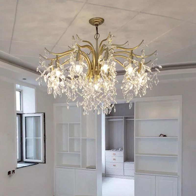 Crystal Branches Chandelier Light Fixture Rustic Living Room Pendant Chandelier in Gold