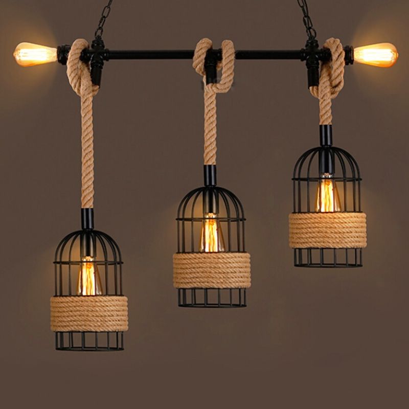 Black 5 Bulbs Island Lighting Factory Metal Birdcage Appeding Candant Light with Jute Rope