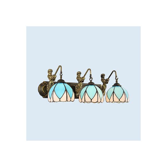 Mediterranean Dome Wall Light Fixture 3 Heads Blue Glass Sconce Lighting with Mermaid Backplate