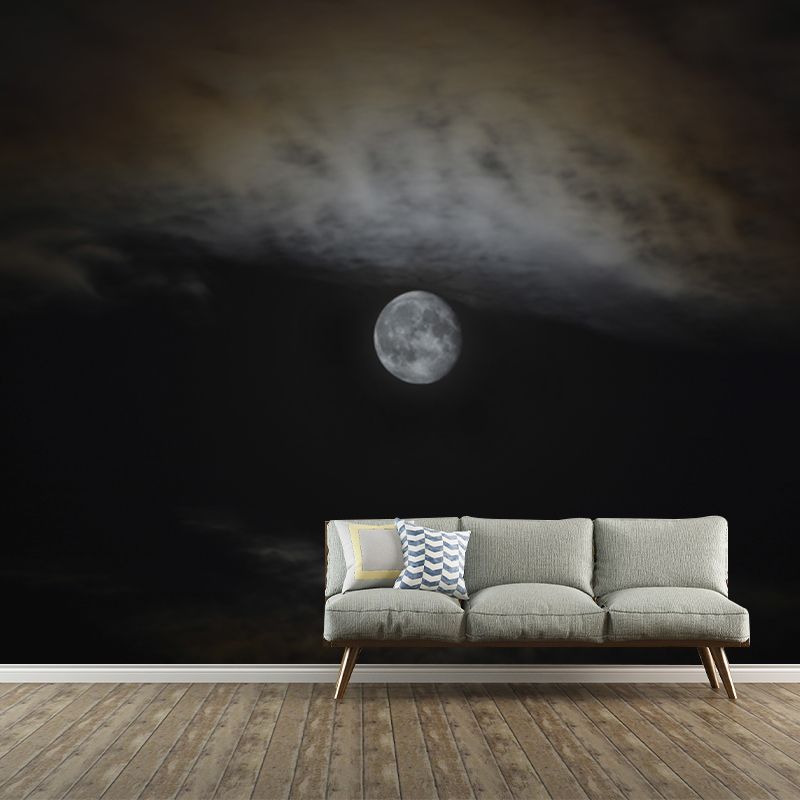 Full Moon on Sky Mural Black-Grey Modern Wall Covering for Accent Wall, Size Optional