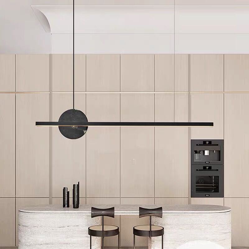 Linear LED Kitchen Island Fixture in Black / Gold Brass and Marble Ceiling Pendant