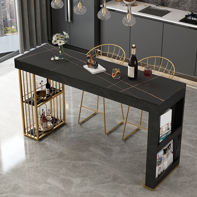 Glam Sintered Stone Bistro Bar Table Rectangle Metal Base Bar Table with Shelves