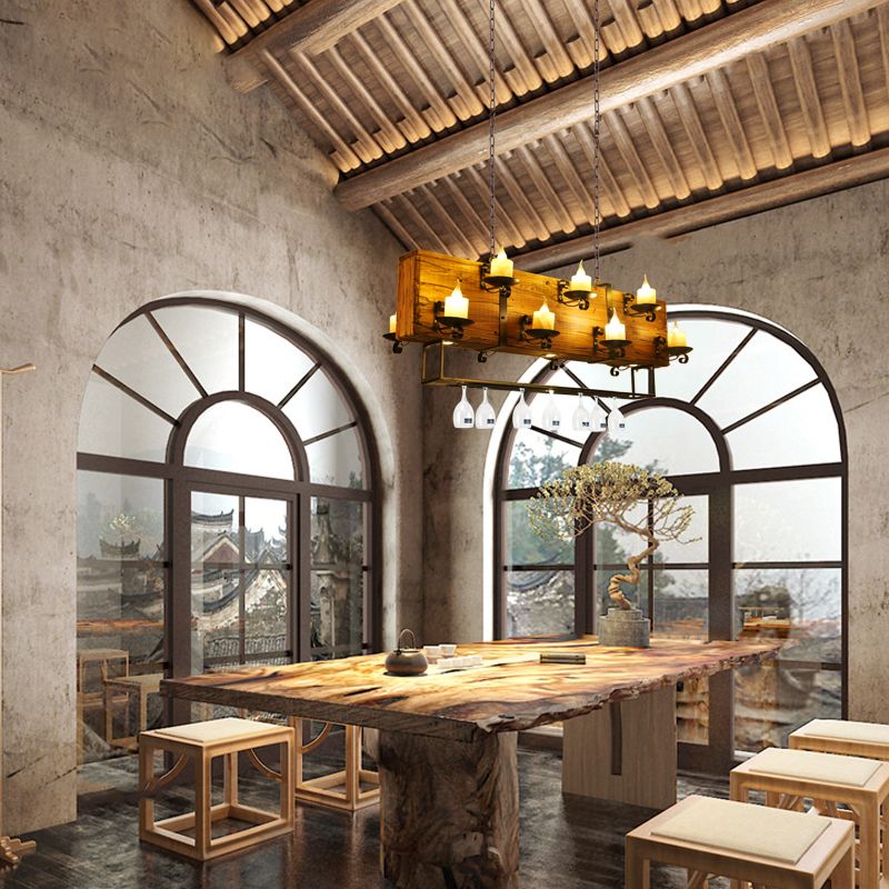 Wood Candelabra Island Pendant Light Factory Dining Room Hanging Lamp Kit in Brown