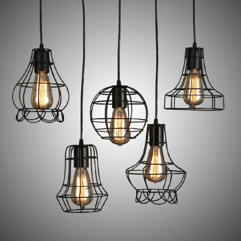 Black Caged Pendant Lighting Industrial Metal 1-Light Restaurant Suspension Light