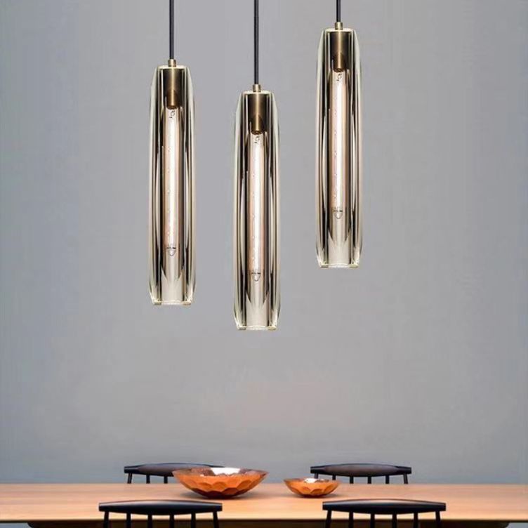 Crystal Cylindrical Pendant Light in Modern Luxury Style Copper Hanging Lamp for Dining Room