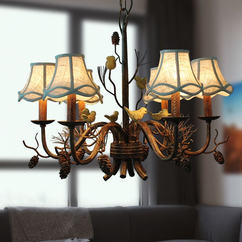 6 Lights Pendant Light Rustic Scalloped Metal Hanging Chandelier in White with Fabric Shade and Pinecone