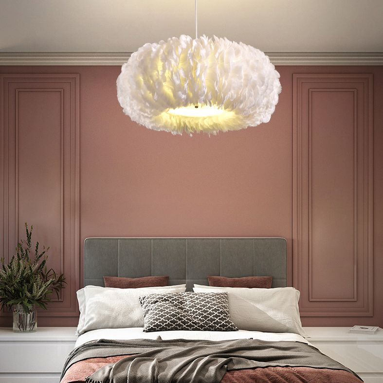 Drum Chandelier Light Fixture Modern Simplicity Feather Shade Pendant Lighting for Restaurant