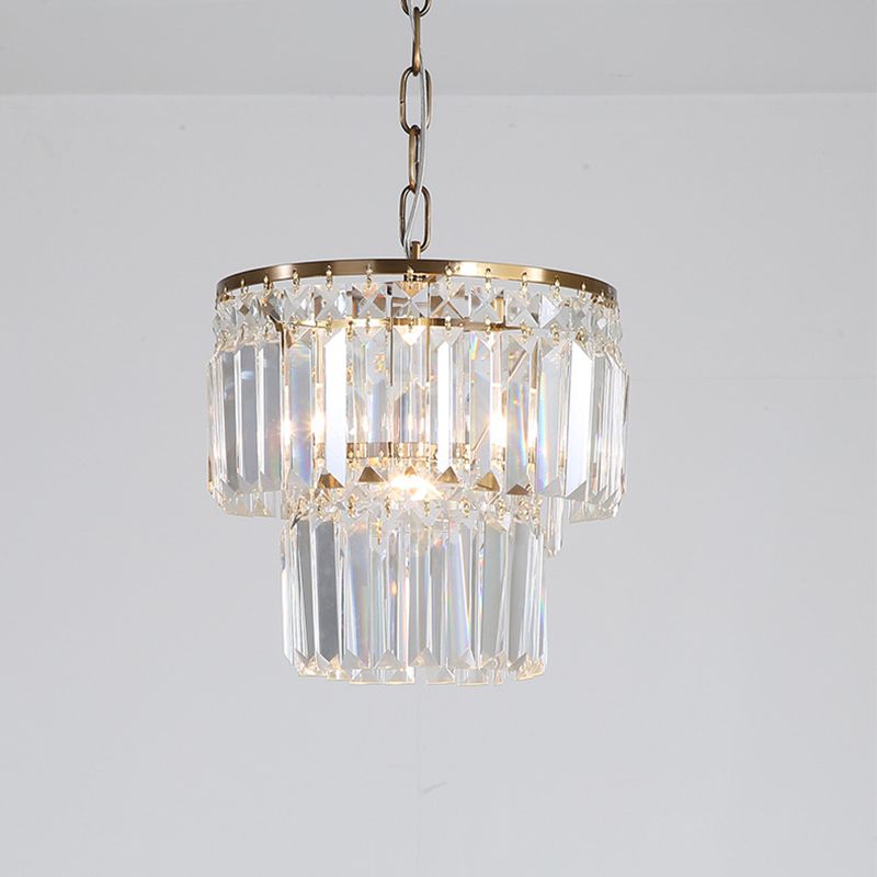 2-Layered Round Dining Room Pendant Light Countryside Crystal Block 1 Head Gold Finish Ceiling Hang Fixture