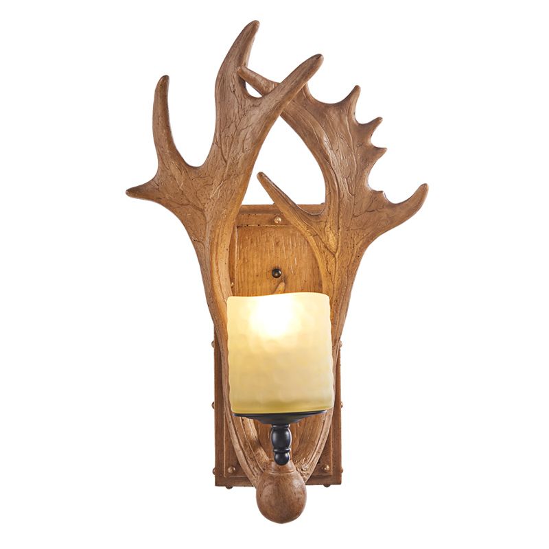 Deer Horn Resin Wall Light Vintage Restaurant Wall Mounted Lamp with Cylinder Beige Glass Shade in Brown