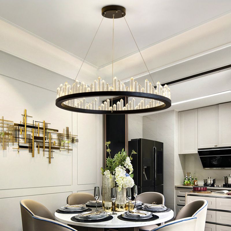 Black Circular LED Pendant Light in Modern Luxury Style Wrought Iron Hanging Lamp with Crystal Shade