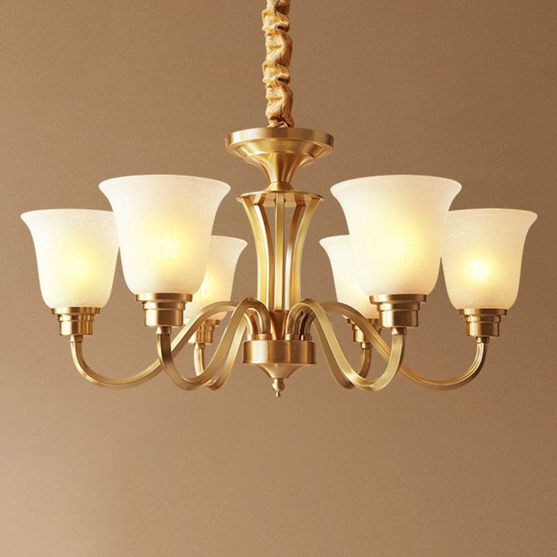Traditional Flared Up Chandelier Semi-Opaque Glass Pendant Light Fixture in Brass