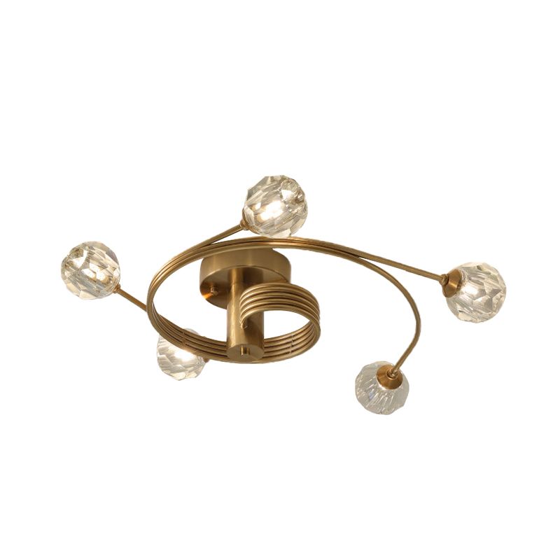Montaje semi-semi-flush tradicional cortado cristal 5 cabezas lámpara de montaje de techo dorado con brazo de metal curvo