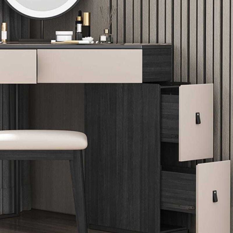 Modern Corner Vanity Table Stool and Mirror Set Glass Top 4-Drawer Dresser