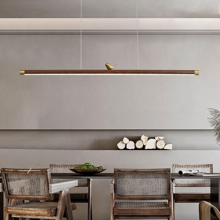 Modern Wood Chandelier Lamp 1-Light Linear LED Island Pendant for Study Room