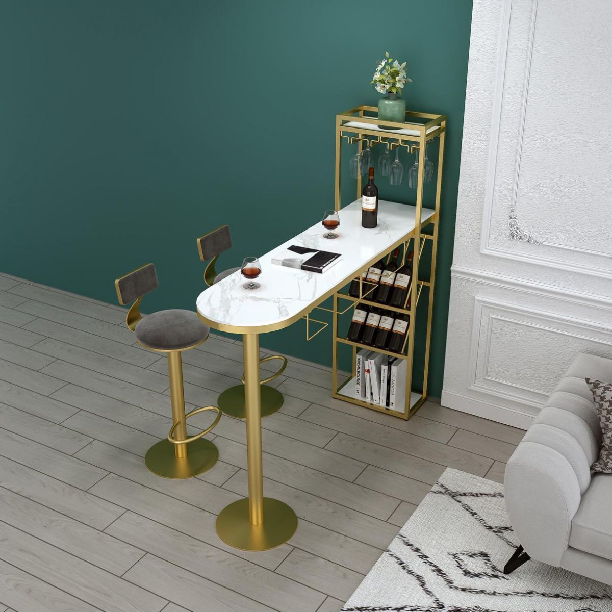 Glam Style Iron Bar Table 41.3"H Faux Marble White Top Bistro Table with Wine Rack