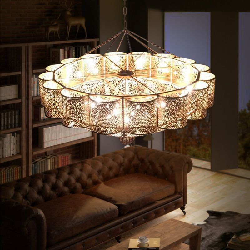 11 Heads Pendant Light Kit Arab Style Priscilla Edge Metallic Ceiling Chandelier in Brass with Hollow-Cut Design