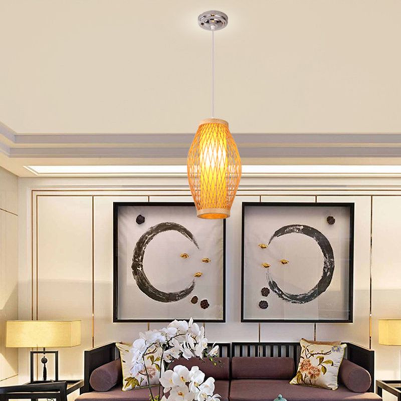 Beige Kreuz gewebter Anhänger hängendes Licht mit ovalem Schatten moderner 1 Kopf Bambus Anhängerlampe, 6 "/9" Breite