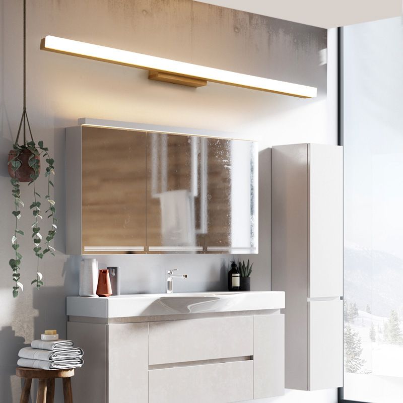 Wood Linear Shade Wall Sconce Modern 1 Light Mirror Wall Lighting Fixtures in Brown