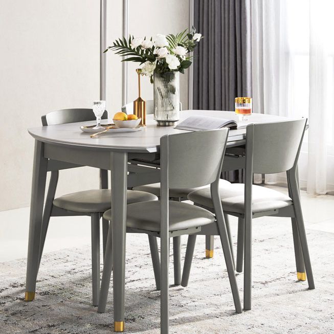 Contemporary White Round Stone Dining Table with Solid Wood Legs