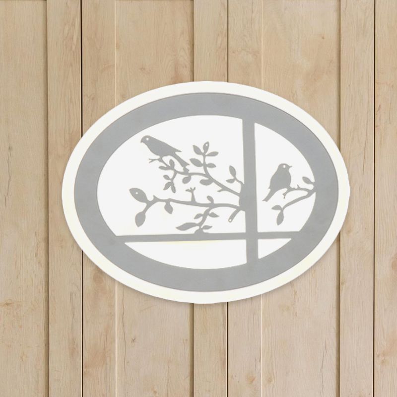 Circular Acrylic Bird and Branch Wall Lighting Asia Style LED White Wall Mural Lamp, White/Warm Light