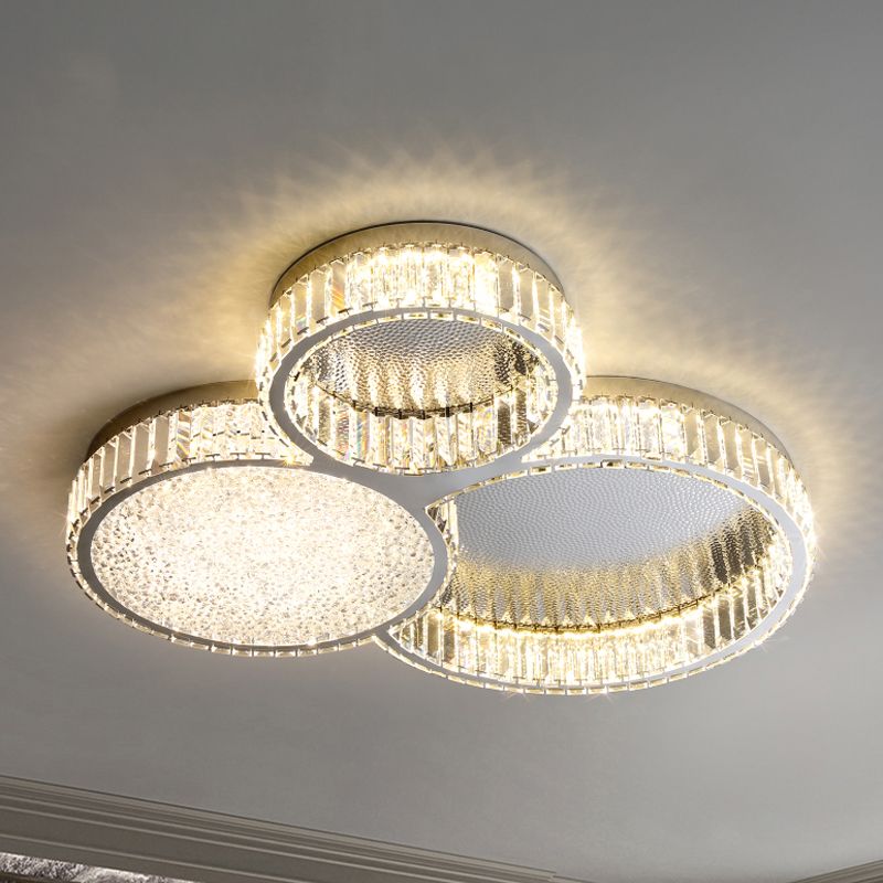 Plafonnier LED argenté en cristal dans un style de luxe moderne, plafonnier circulaire en acier inoxydable