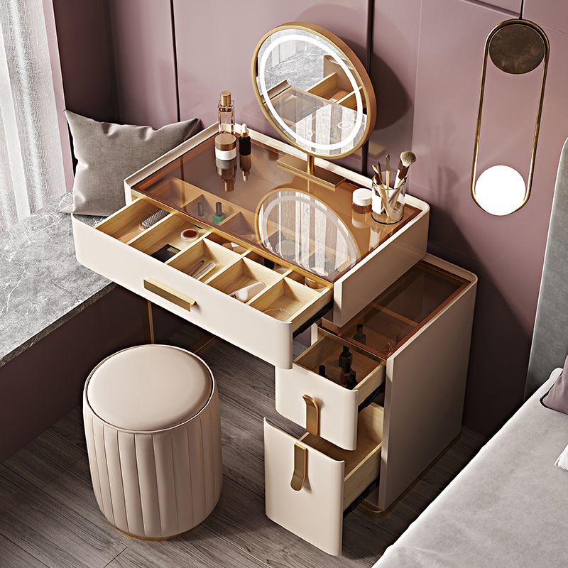 Glam Brown Glass Top Vanity Table 25.6" W 3 Drawers Dressing Table with Mirror & Stool