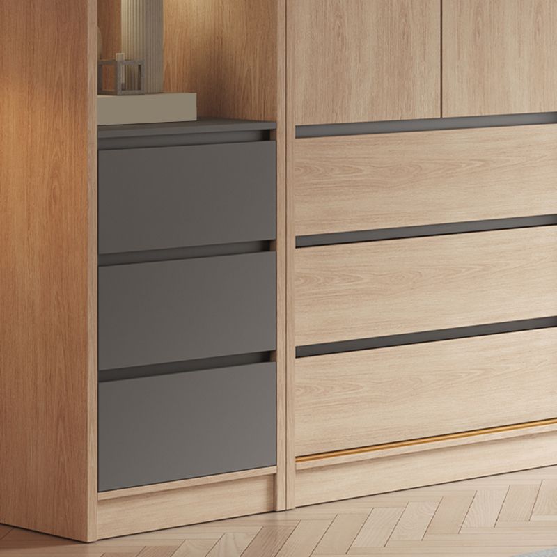 Contemporary Glass Sliding Doors Wardrobe Natural Wood Wardrobe with Drawers