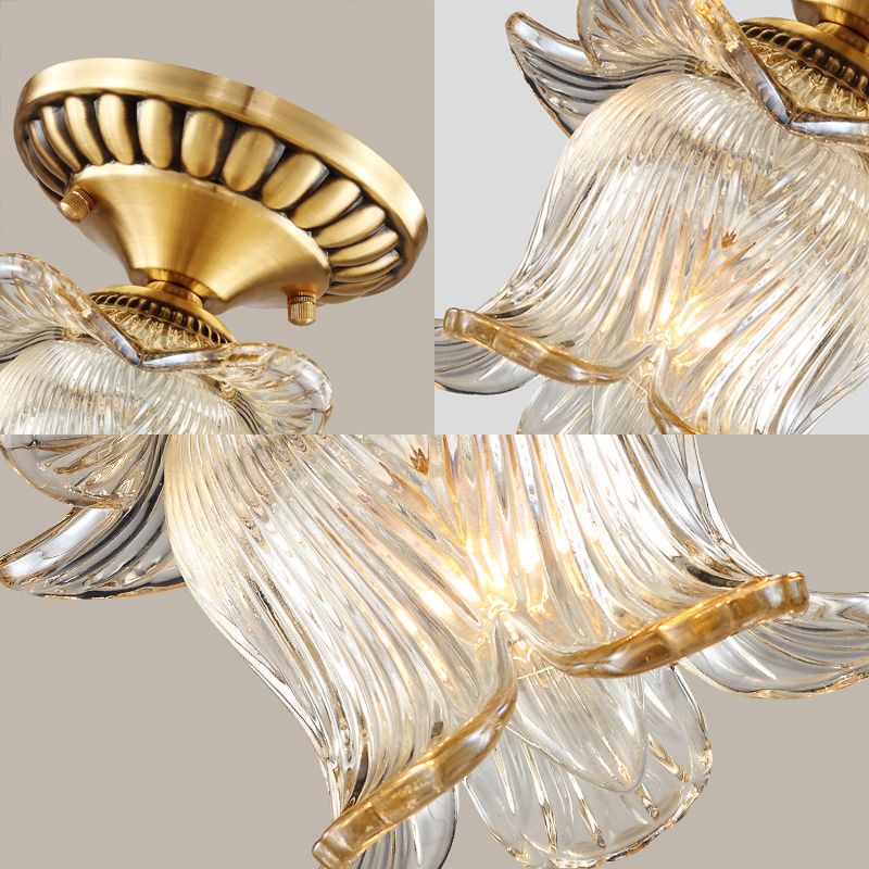 Flower Semi Flush Mount Traditional Clear Ribbed Glass 1 Bulb Brass Ceiling Mount Chandelier