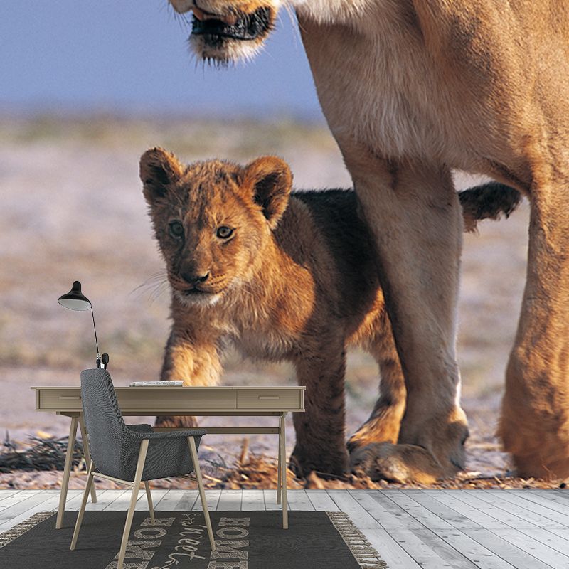 Big Modern Wall Paper Mural Brown Lion Cub with Its Mother Wall Art, Made to Measure
