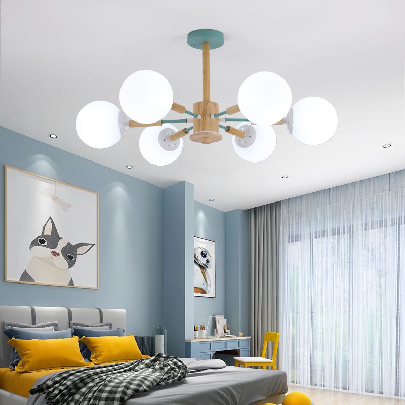 Modern Wood Chandelier Light Fixtures Globe Multi-Head Suspension Lamps for Living Room