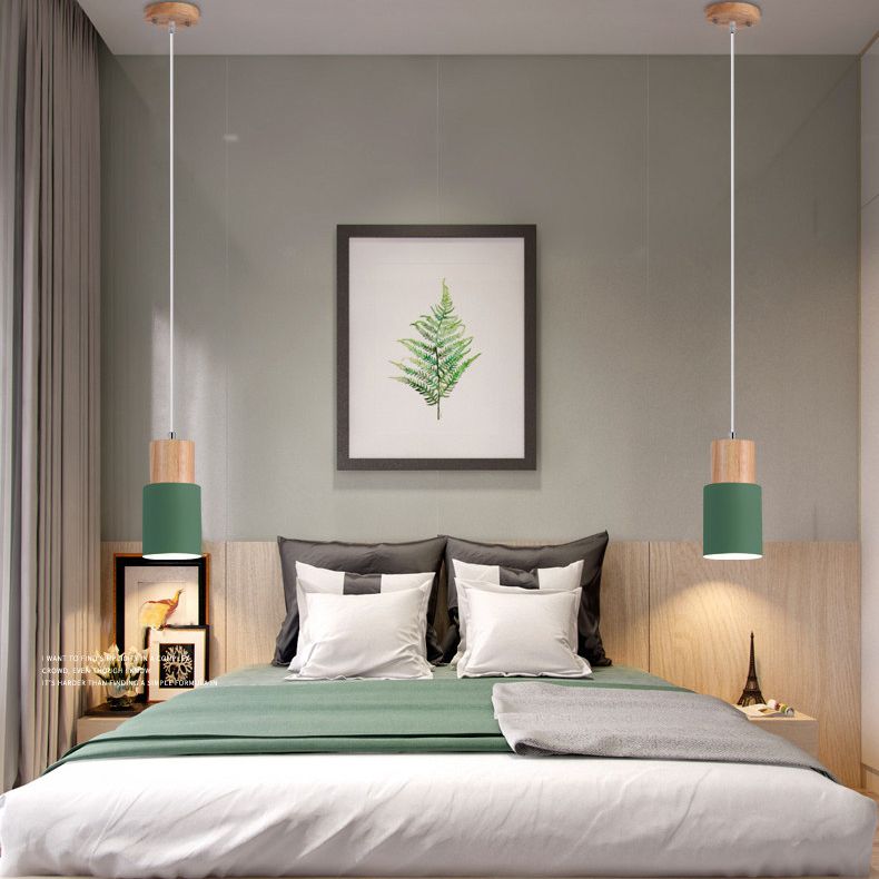 Wooden Cylindrical Single Pendant Light in Modern Concise Style Aluminium Macaron Hanging Lamp