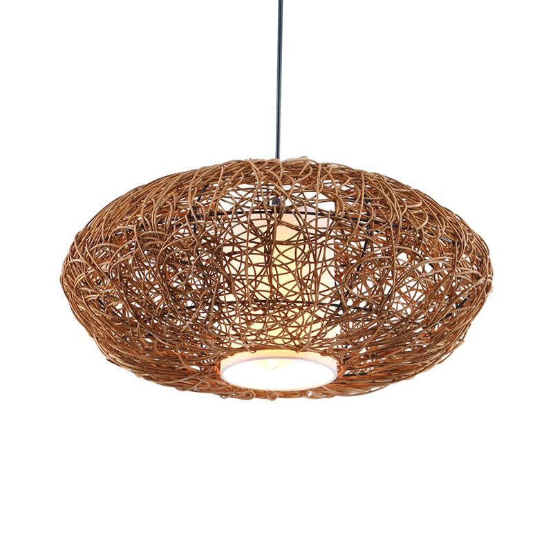 Colgante de suspensión tejida ratán retro 1 bulbo marrón kit de luz colgante para salón