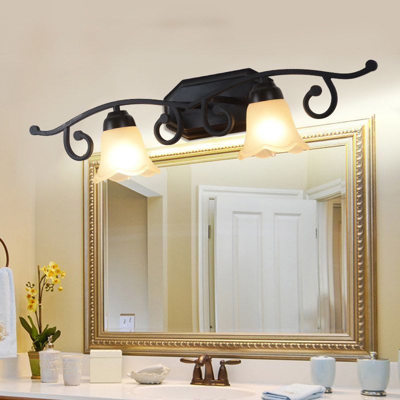 Floral White Glass Shade Vanity Lighting Countryside 2/3 Heads Bathroom Wall Mounted Lamp in Black