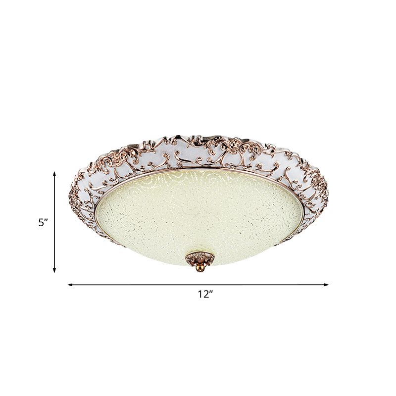 Bowl-Shaped Bedroom Flush Mount Traditional White Glass LED Beige Flushmount with Carved Trim