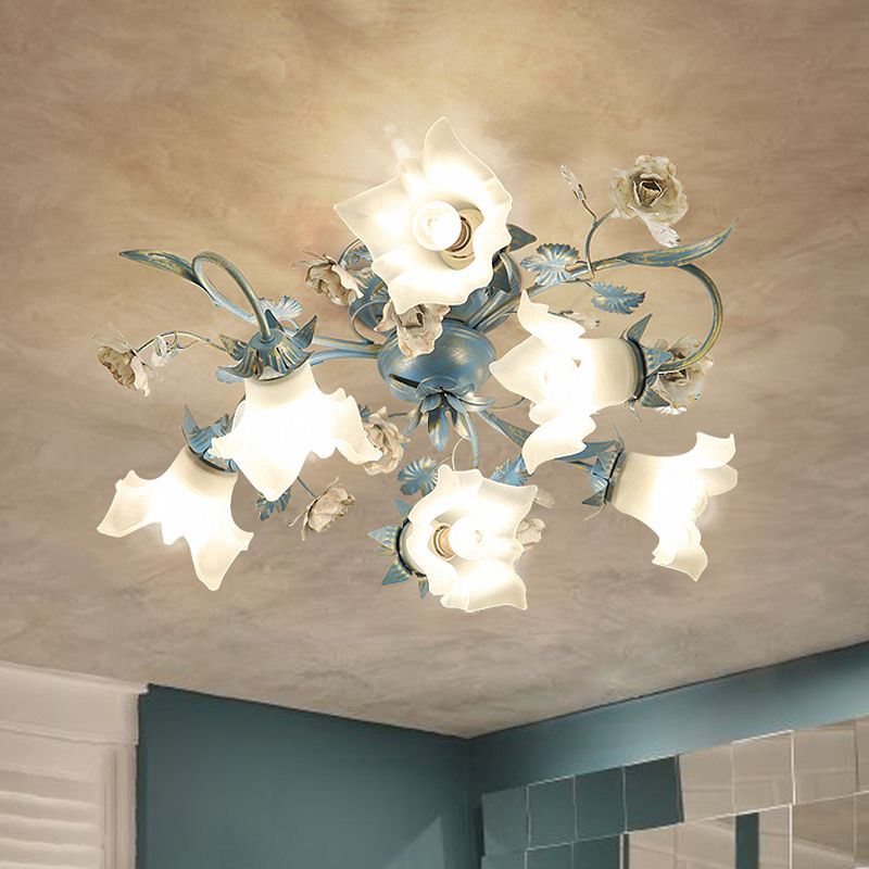 Flower Cream Glass Flush Mount Light Pastoral Style Bedroom Semi Flush Ceiling Light in Blue