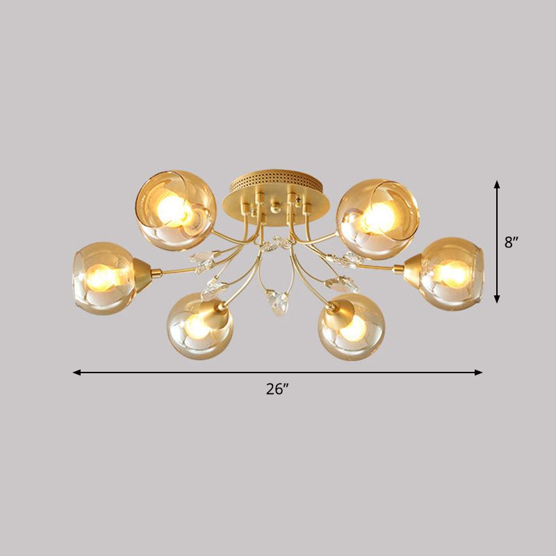 Amber Glass Ball Ceiling Flush Mount Modernist 6 Bulbs Gold Semi Flush Light with Teardrop Beveled Crystal Deco