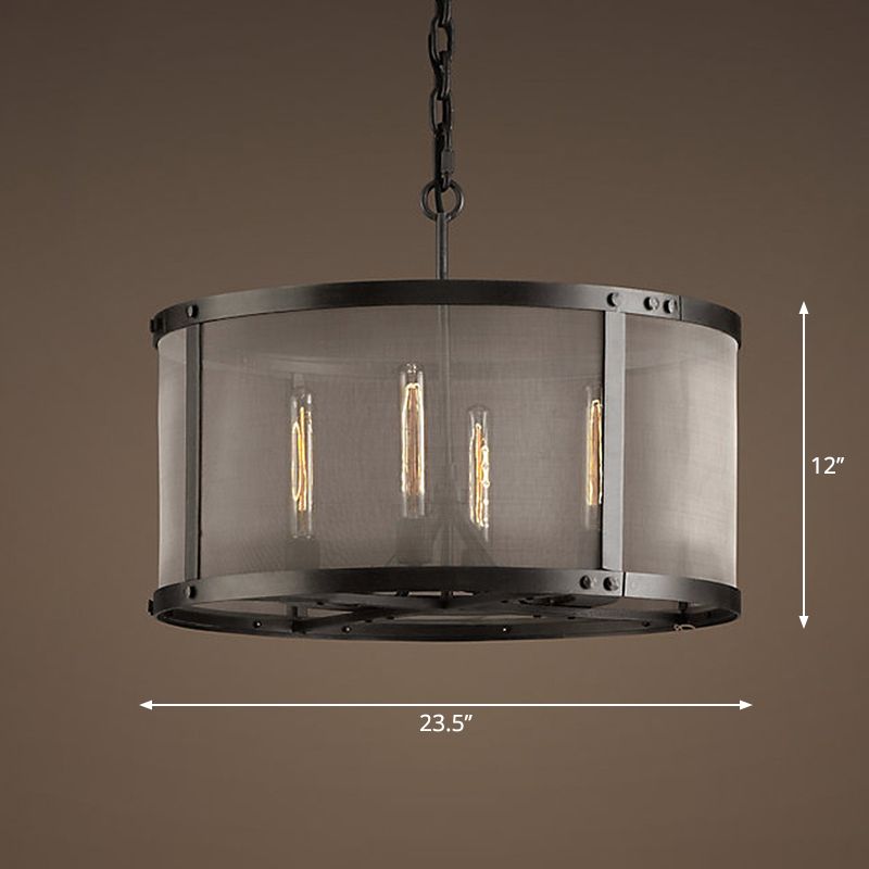 Mesa de comedor de tambor suspensión de luz Metal 4/8 luces de lámpara negra colgante con pantalla de malla