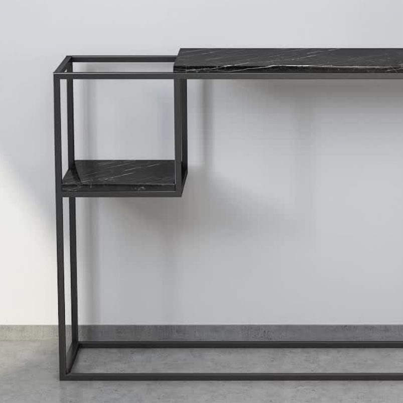 Rectangle Marble Top Console Table with Storage Shelf and Iron Frame Base