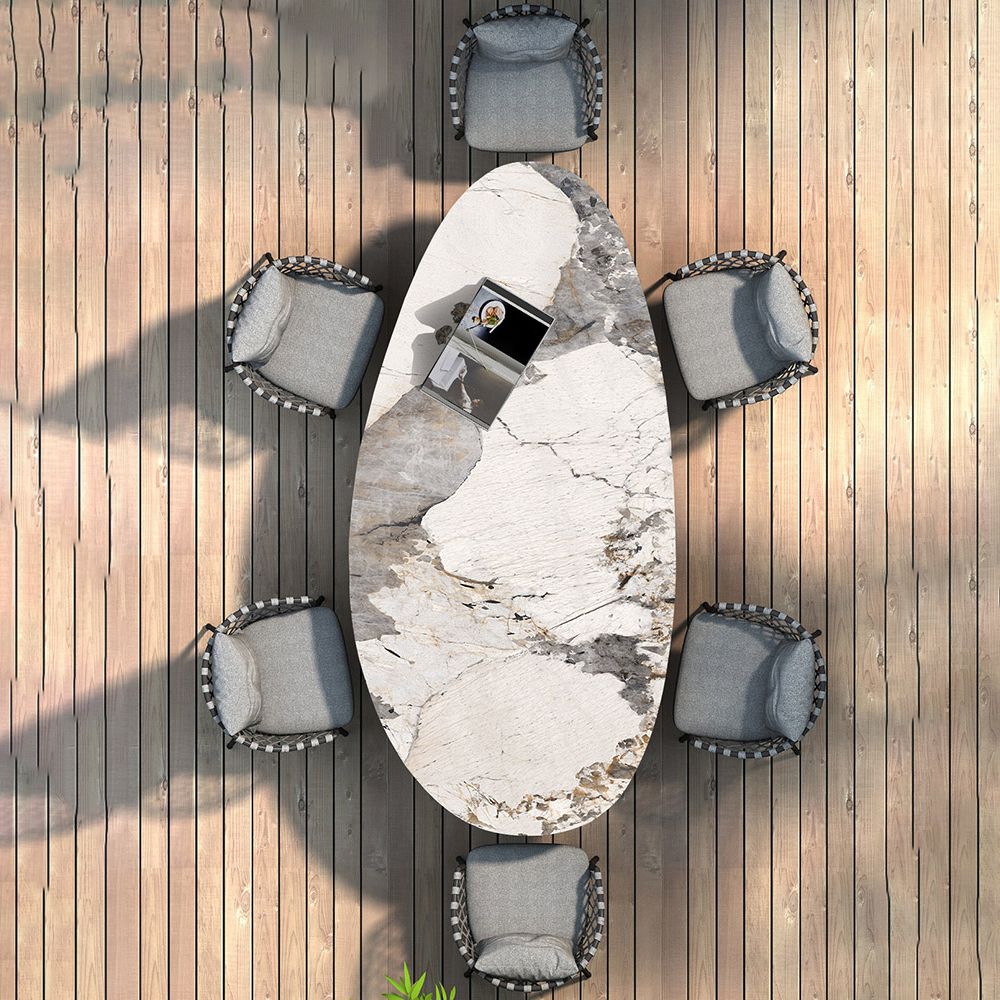 Boho Oval Dining Table Set 1/4/7 Pcs Stone and Metal Patio Dining Table with Chairs