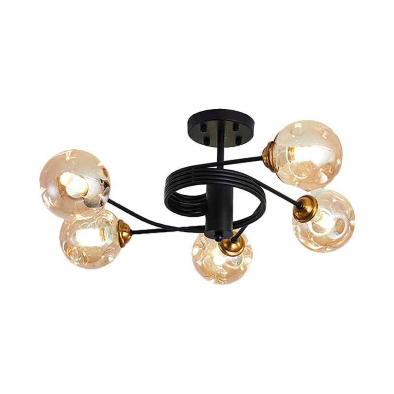 3/5 Lights Living Room Semi Flush with Ball Amber/Smoke Dimpled Blown Glass Shade Modernist Black Semi Flush Ceiling Light