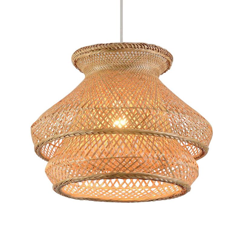 Retro 1 Bulb Suspension Lighting Wood 2-Tier Hanging Ceiling Light with Bamboo Shade