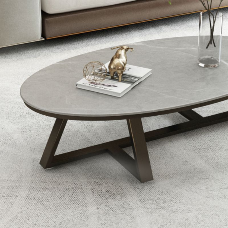Glam Iron Cross Legs Cocktail Table Oval Slate Top Coffee Table