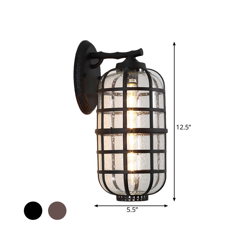 Lantern Courtyard Wall Mount Lamp Farmhouse Clear Bubble Glass 1 Bulb Black/Coffee Wall Lighting Ideas with Metal Cage