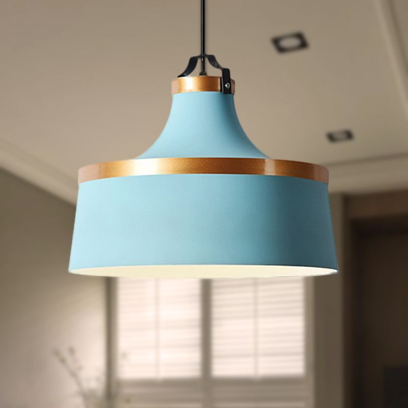 1 Light Drum Pendant Light Nordic Style Black/Blue/Green Metallic Ceiling Light Fixture for Coffee Shop