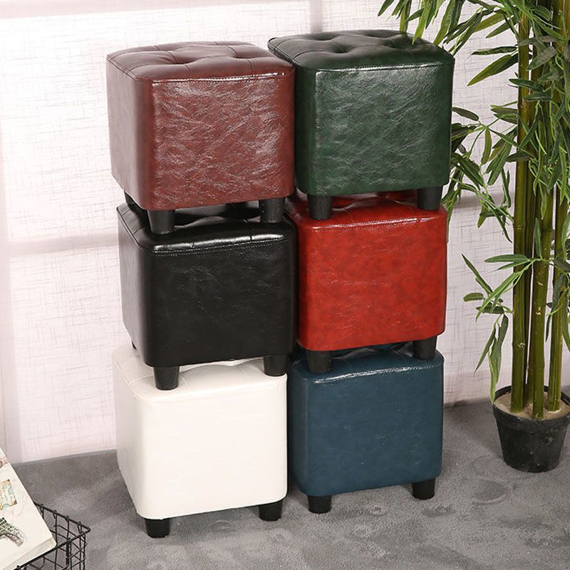 Modern Square Pouf Pure Color Tufted Upholstered Faux Leather Cube Ottoman