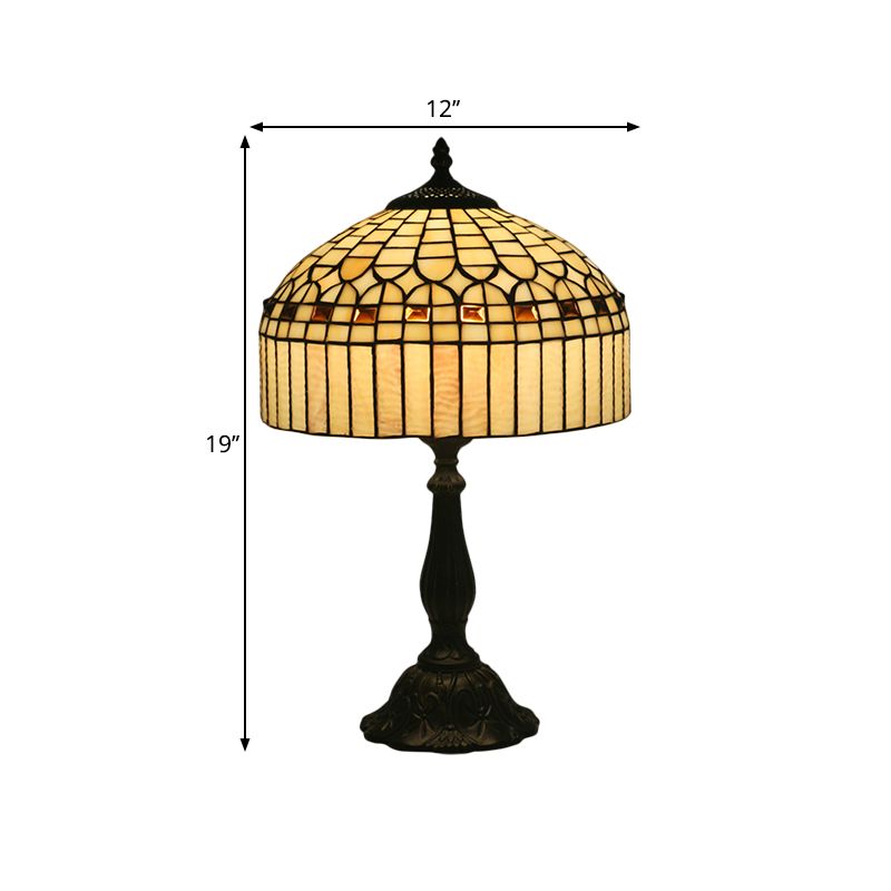 Beige Glass Domed Nightstand Light Tiffany 1 Bulb Brass Geometric Patterned Table Lighting for Bedroom