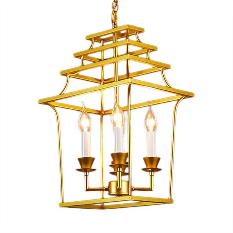 Golden Lantern Cage Hanging Lamp Vintage Stylish Metal 4 Lights Living Room Pendant Lighting