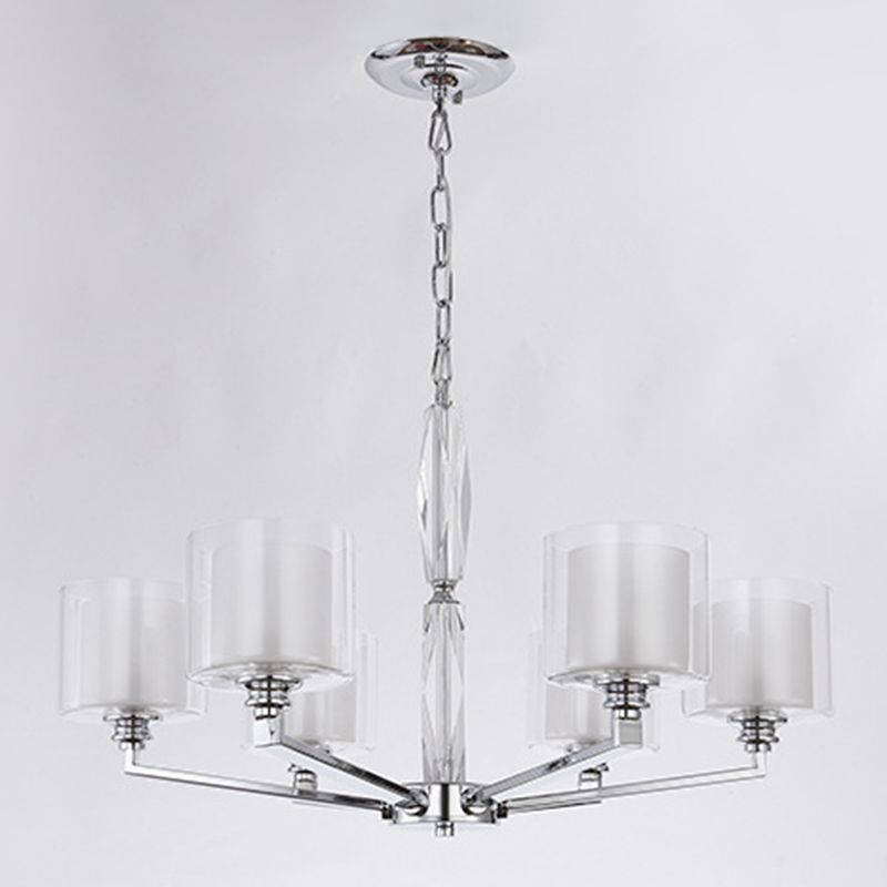 Chrome Metal Radial Pendant Light Modern Cylindrical Clear Glass Shade Bedroom Chandelier Lighting
