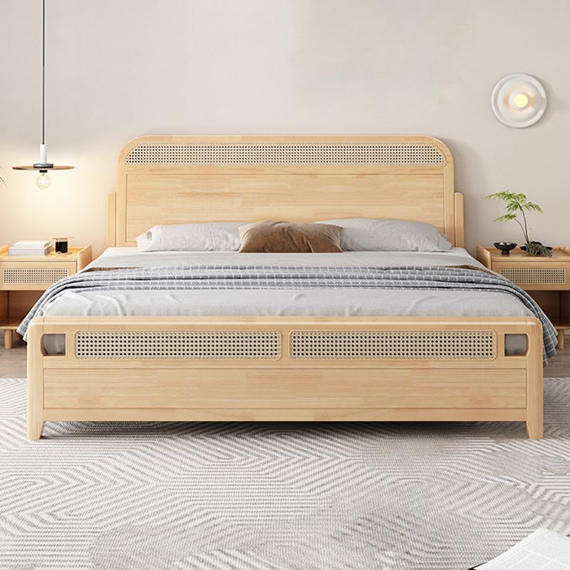 Natural Tropical Standard Bed Rattan and Rubberwood Panel Bed with Headboard